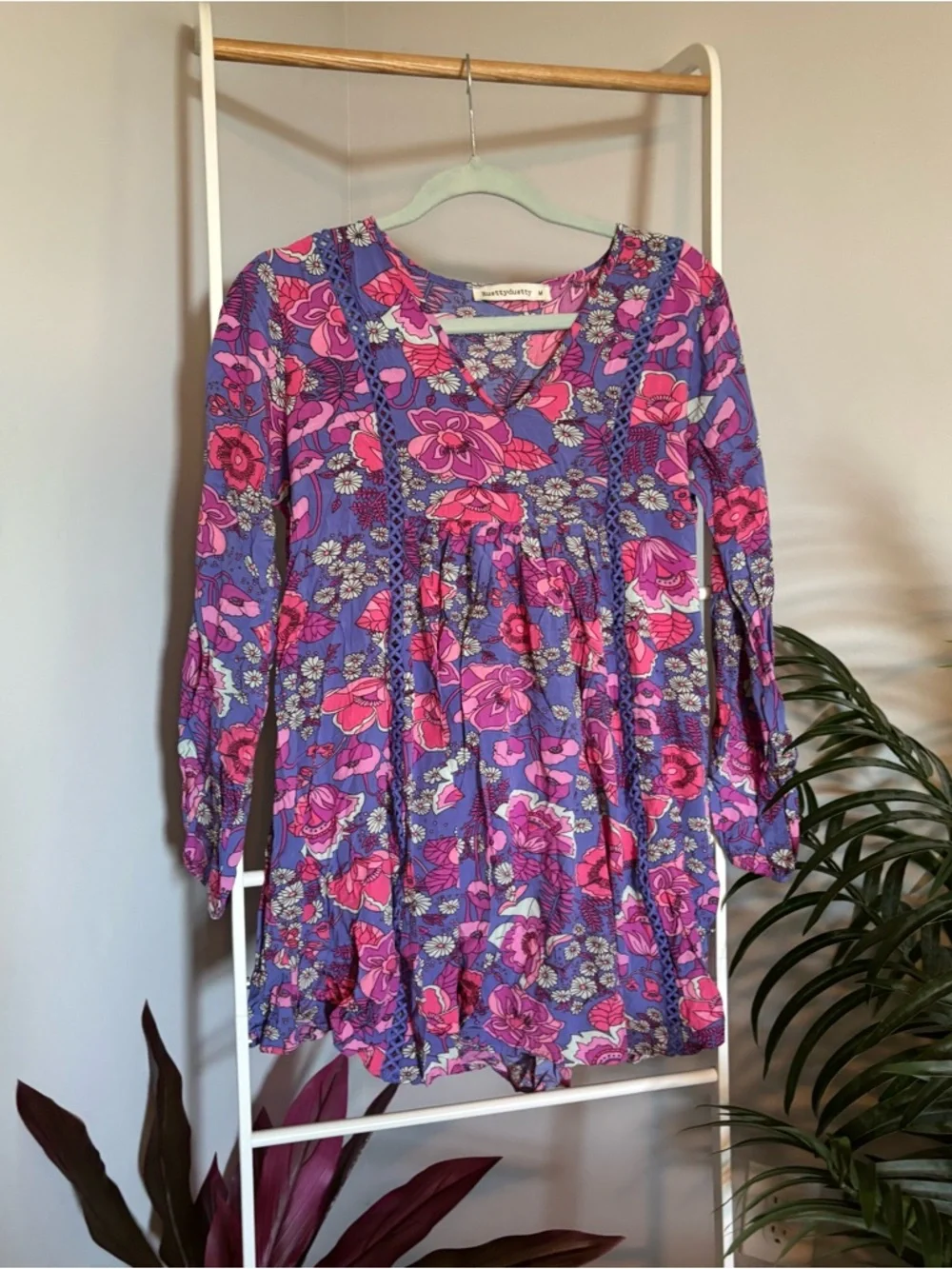 Floral Peasant Dress in Purple & Pink - Picture 4 of 14